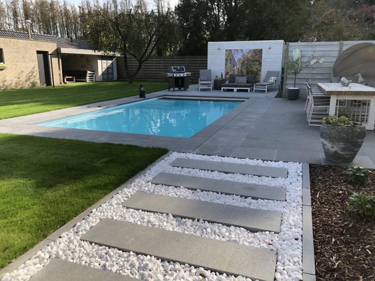 buitenzwembad, terras, boordstenen, beeld, poolhouse, filtratie, hydrolise, waterbehandeling